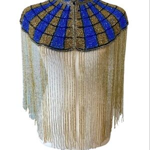 Royal Blue and gold square hand beaded fringe capelet O/S
